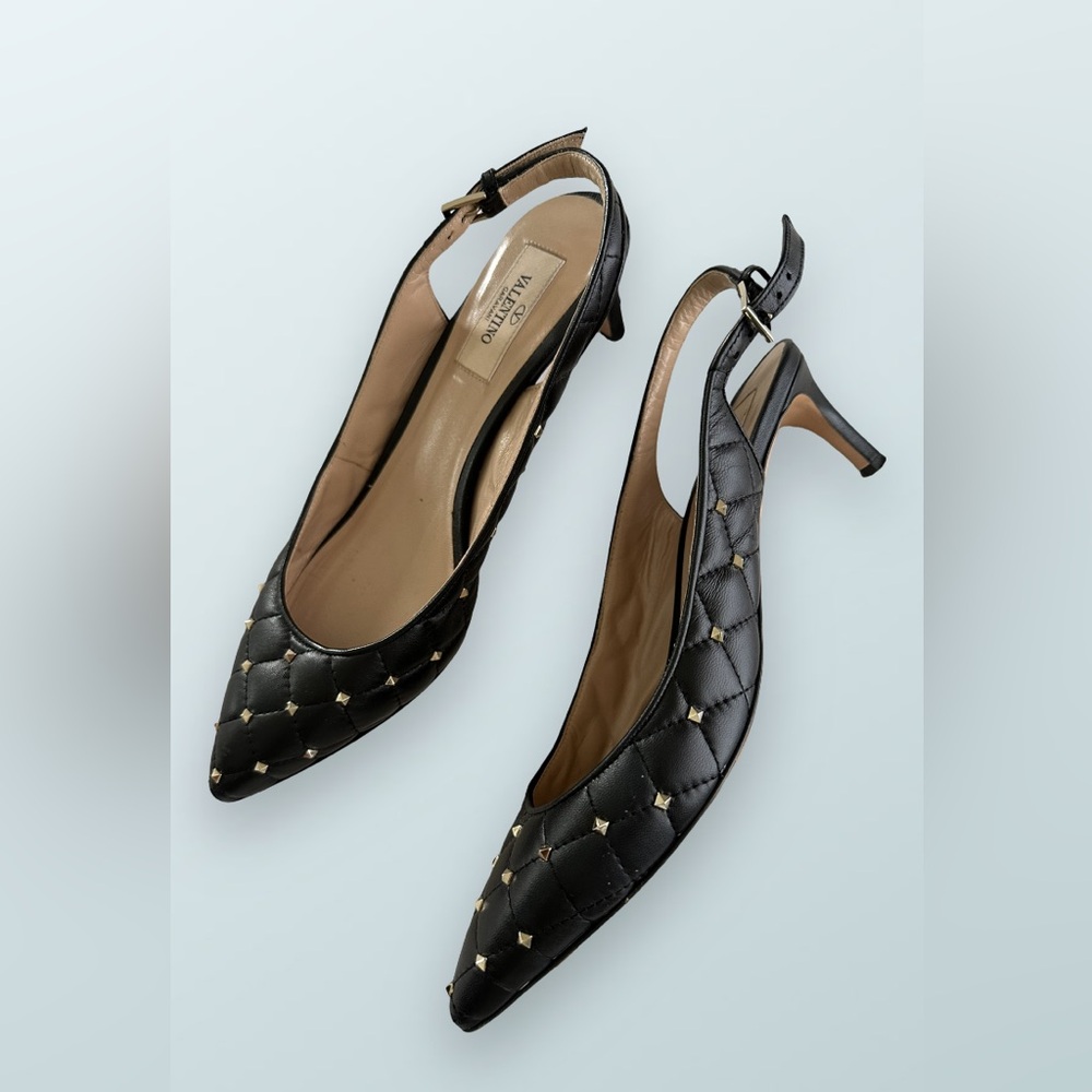 Valentino Quilted Rockstud Black Leather Gold Spike Slingback Low Heel 37.5/7.5